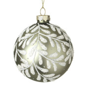 Glass Christmas Baubles with White Leaf Design – Set of 2
